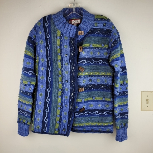 Newari hand knit wool blue cardigan buttons Icelandic Design cozy artsy NWT S/M - Picture 4 of 12